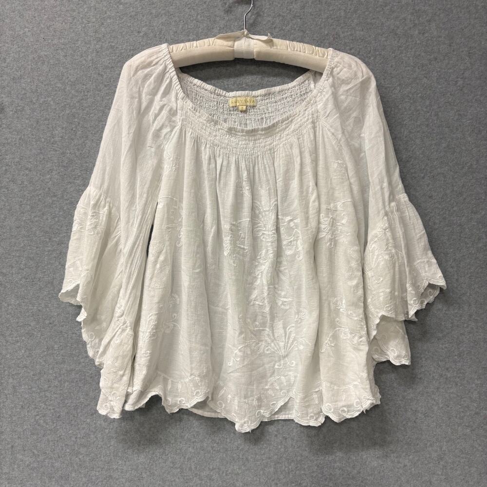 Ruby Yaya Fleur Embroidered Off Shoulder Top White Boho Cotton Bell Sleeve Small